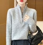 Women's Wool Woolen Pullover Sweater with Half-Zip Stand Collar (S-2XL, Multiple Colors)