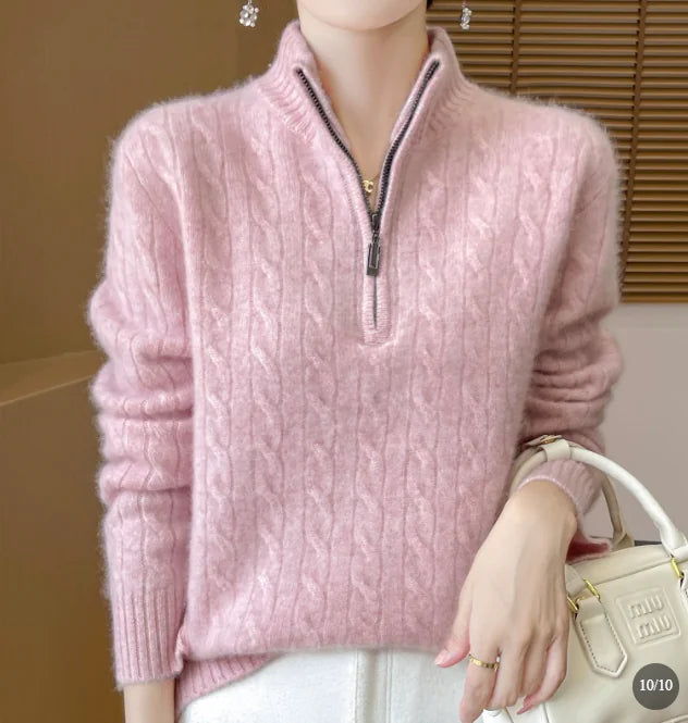 Women's Wool Woolen Pullover Sweater with Half-Zip Stand Collar (S-2XL, Multiple Colors)