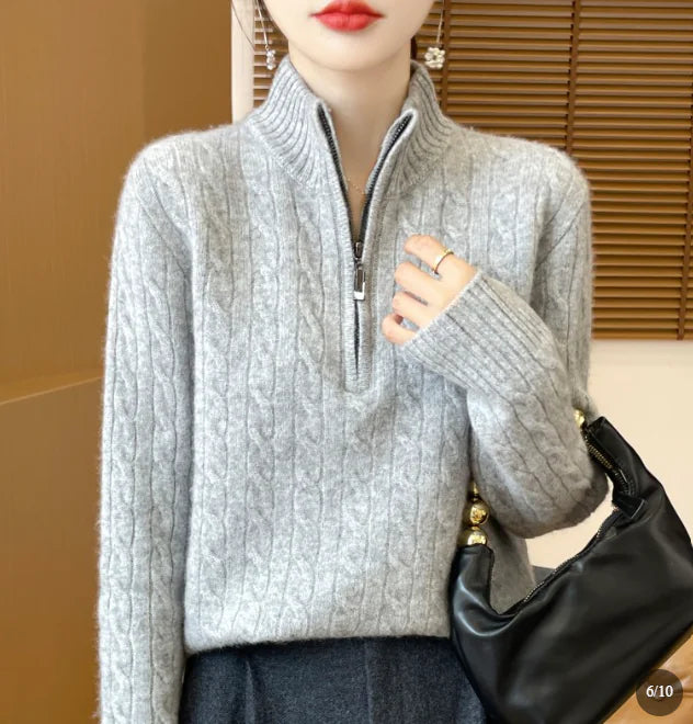 Women's Wool Woolen Pullover Sweater with Half-Zip Stand Collar (S-2XL, Multiple Colors)