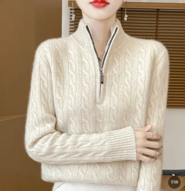 Women's Wool Woolen Pullover Sweater with Half-Zip Stand Collar (S-2XL, Multiple Colors)
